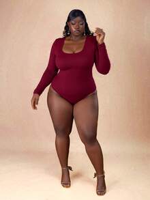 CurvyTilda Plus Size Casual Solid Color Long Sleeve Bodysuit, Fall Clothes For Women, For Hourglass Body Shape, For Body Shape, For Summer - Burgundy - View 3