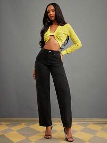 NYA SZN Lime Green Long Sleeve Crop Top Fitted Plunge V Neck Metal Closure Silver Hardware Knitwear,Chic Night Out Autumn Holiday Festive Special Occasion - Green - View 3