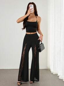 SHEIN PETITE Women Elegant Sexy Contrast Lace Flare Leg Pants - Black - View 6