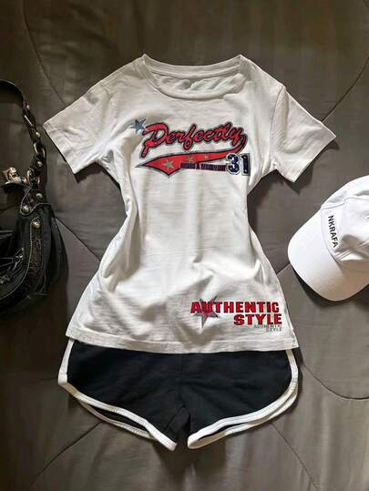 Glimmora 女士圆领字母数字印花休闲百搭度假通勤短袖T恤