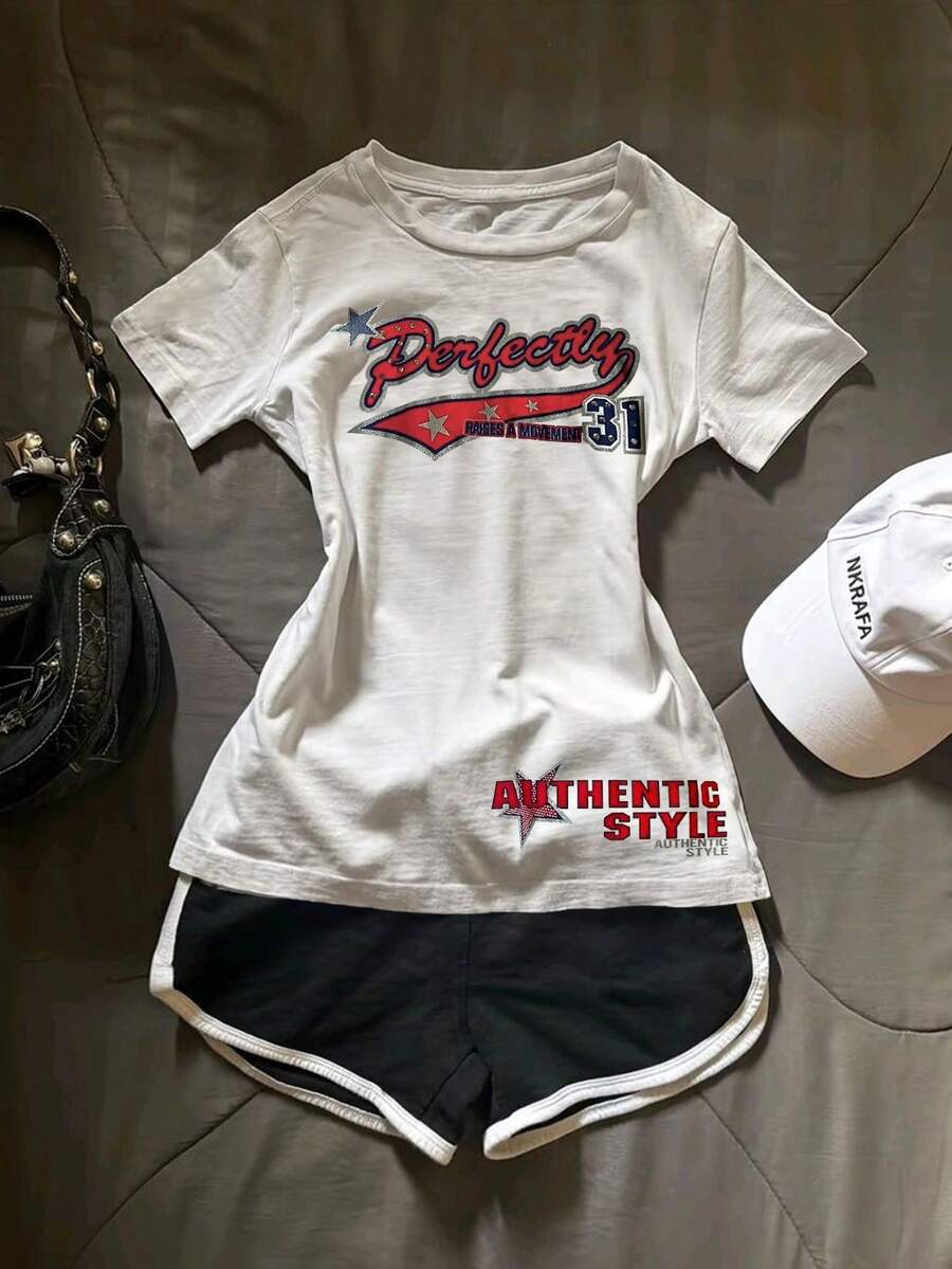 SHEIN 女士圆领字母数字印花休闲百搭度假通勤短袖T恤 - 白色 - 查看 1