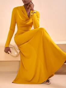 Zivah Festivalul de muzică nouă de primăvară 2025, Paște, Western, Stil nomad, Petrecere de ziua de naștere, Vacanță, Plajă, Petrecere elegantă, Rochie de bal, Rochie galben muștar cu mânecă lungă și decolteu încrețit, linie A - Galben - Vizualizare 1