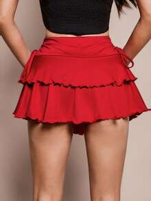 SHEIN PETITE Women's Solid Color Drawstring Pleated Waist Skirt,Valentine's Day - Burgundy - View 4