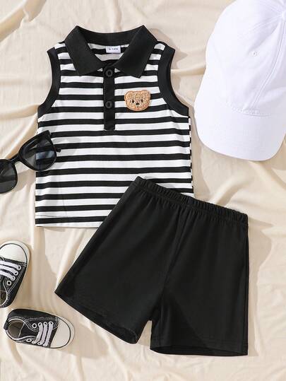 SHEIN 2pcs/Set Baby Boys Casual Fashion Simple Letter Patched Detail Practical Striped Trim Ribbed Sleeveless Polo Collar Gray Knit Tank Top & Knit Shorts Set, Suitable For Summer Home Casual, Outdoor Sports And Daily Wear,Kid Clothes,Toddler Clothes, Baby Outfit, Infant Baby Boys Outfits, Baby Polo Shirt,Toddler Vest,Toddler Short ,Baby Set,3M-3T