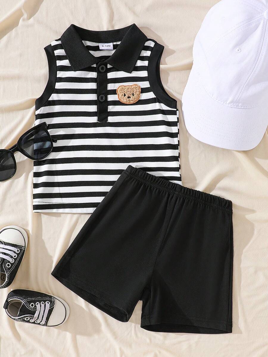 SHEIN 2pcs/Set Baby Boys Casual Fashion Simple Letter Patched Detail Practical Striped Trim Ribbed Sleeveless Polo Collar Gray Knit Tank Top & Knit Shorts Set, Suitable For Summer Home Casual, Outdoor Sports And Daily Wear,Kid Clothes,Toddler Clothes, Baby Outfit, Infant Baby Boys Outfits, Baby Polo Shirt,Toddler Vest,Toddler Short ,Baby Set,3M-3T - Black and White - View 1
