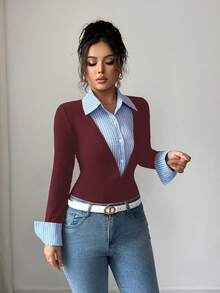 SHEIN Unity 女款優雅拼接條紋收腰長袖上衣 - 酒紅色 - 查看 5