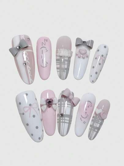 ROMWE Anime 10片Y2K复古星星、波点、条纹、波普艺术、朋克、音符装饰假指甲，手工制作，适合大学、音乐节、约会等场合。