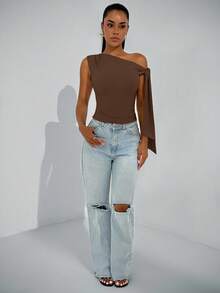 SHEIN BAE Áo cánh lệch vai buộc dây cổ chéo thanh lịch dành cho nữ, thích hợp cho các buổi hẹn hò hàng ngày, đi chơi, hộp đêm, tụ tập tiệc tùng, trang phục câu lạc bộ dành cho nữ, trang phục Halloween - màu nâu - Xem 3