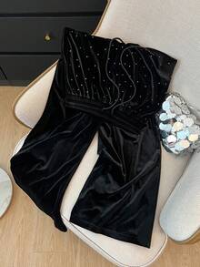 SHEIN Elenzya 女士时尚、优雅、魅力派对亮点高腰抽绳直筒休闲裤 - 黑色 - 查看 5