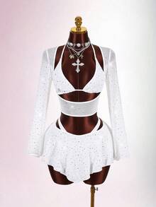 Amplova 2pcs/Set Sequin Detail Sexy Tight Fit Long Sleeve Crop Top & Tight Fit Inverted V Mini Skirt White Two Piece Set Women Sparkly Mesh Two Piece Set Two Piece Skirt Set Sparkly Two Piece Set White 2 Piece Outfit Vacation Outfits Women Y2K Valentine's Day - White - View 5