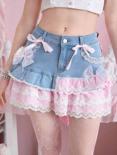 Kawaii Cute Sweet Cake Hem Women Denim Mini Skirt