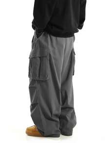 Chillumni 宽松男士翻盖口袋侧抽绳腰带工装裤 - 深灰色 - 查看 2