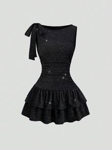 Sweetra 女士优雅蝴蝶结系腰亮片迷你连衣裙，适合派对、通勤、日常穿着，春季必备