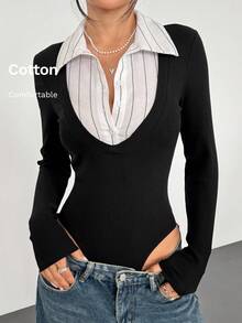 SHEIN EZwear 黑色针织紧身连体衣，简约时尚，适合夏季连体衣