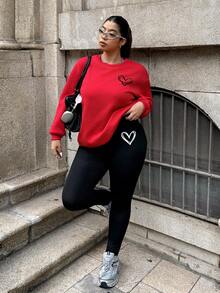 Muchica 2pcs Plus Size Loose Fit Crew Neck Drop Shoulder Long Sleeve Heart Pattern Casual Pullover Sweatshirt Set Valentine's Day - Red - View 2