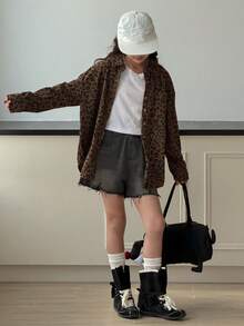 DAZY 女童豹纹翻领长袖休闲衬衫，秋季款 - 咖啡棕 - 查看 8