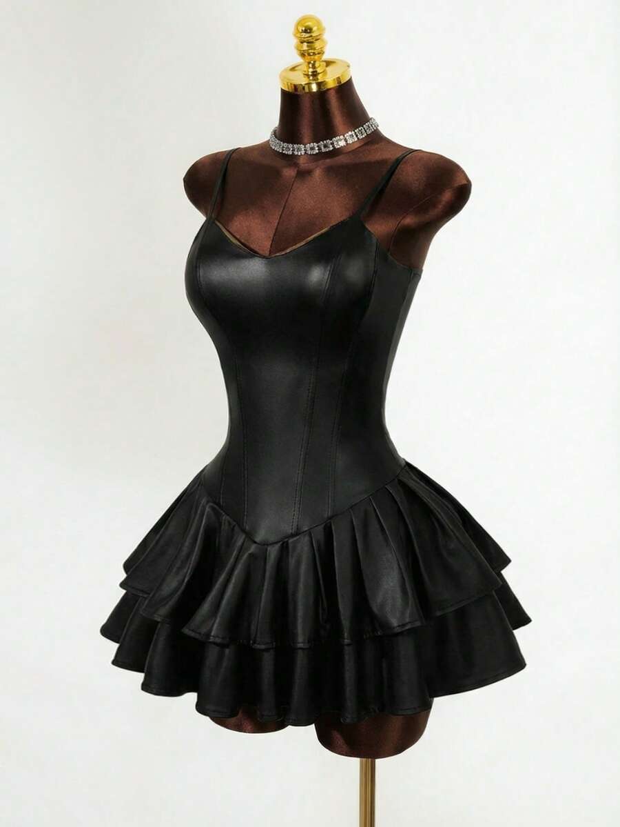 Mistrie 黑色套装女式性感连衣裙 PU 不对称罩杯束腰蛋糕褶边下摆连衣裙 - 黑色 - 查看 1