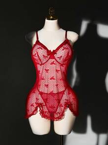 SHEIN 2件套浪漫蕾丝性感吊带裙，女士情人节礼物 - 紅色 - 查看 6