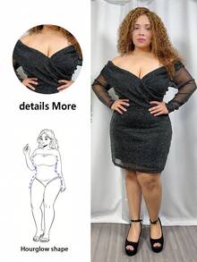 Hourglow 女士秋季服装，冬季加大码女士派对金属亮片露肩修身中长连衣裙，亮片 - 黑色 - 查看 8