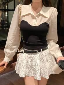 DAZY 女士翻领撞色长袖修身韩版衬衫 - 黑色 - 查看 8