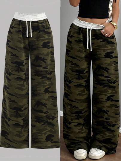 SHEIN Tween Girls Camouflage Knit Sweatpants, Fashionable Wide Leg Streetwear Casual Pants, Versatile Snug Fit Low Waist Elastic Waistband Loose Wide Leg Sweatpants, Color Block, Back To School Season