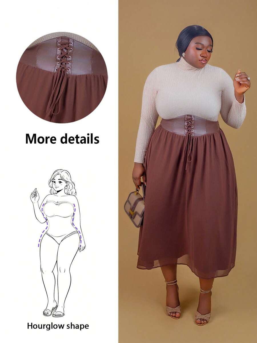 CurvyTilda Váy voan xếp nếp thiết kế cổ điển màu nâu cỡ lớn, váy đi nghỉ, váy dài cho nữ. Váy cho nữ cạp cao - màu nâu - Xem 1