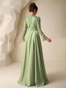 Coutiva Đầm xòe chữ A thanh lịch mùa thu đông, chất liệu satin đính sequin, cổ cao, tay dài, điểm xuyết ngọc trai và đá quý, thích hợp làm đầm dự tiệc cưới, tiệc sinh nhật, lễ tốt nghiệp, lễ hội âm nhạc, đầm dự tiệc. - màu xanh lá - Xem 3