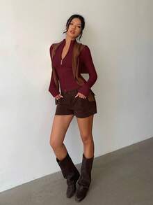 Aloruh 女士休闲罗纹高领拉链长袖开衫毛衣，黄色，适合日常穿着和运动，秋冬季 - 酒紅色 - 查看 6