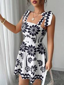 Elenzga 春夏新款时尚休闲度假系带印花小众束腰无袖吊带连衣裙（女款） - 黑色 - 查看 6