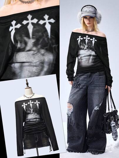 Grunge Punk T-shirt à manches longues et épaules dénudées avec imprimé silhouette de croix pour femmes, style romantique punk