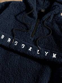 HIMLAND Men's Letter Embroidered Half-Placket Drawstring Hooded Knit Fleece Sweatshirt Navy Blue Hoodie Streetwear Hoodie Mens Navy Blue Hoodie Fleece Hoodie Embroidered Hoodie - Royal Blue - View 4