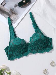 SHEIN 1件浪漫法式花卉蕾丝钢圈加厚可调节肩带文胸（女士款） - 綠色 - 查看 3