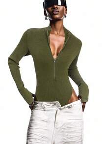 LYSMO Bộ đồ liền thân tay dài cổ đứng mỏng, màu trơn, tối giản, thu đông 2025 dành cho nữ, áo liền thân tay dài có gân, áo thun dài tay màu xanh lá cây, áo denim nữ, thích hợp mặc khi đi chơi, trở lại trường, tốt nghiệp, dạo phố, thời trang Grunge và Punk, quần áo Y2K và phong cách Stockholm, quần áo nữ Avant-Garde và quần áo Halloween độc đáo, bộ đồ liền thân màu xanh quân đội - xanh quân đội - Xem 8