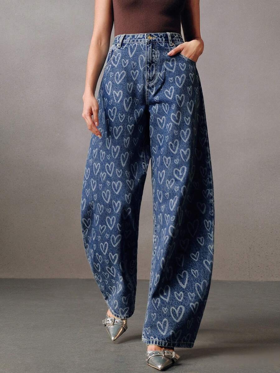 Anewsta Women's Washed Blue Laser Cut Heart Pocket Barrel Leg Jeans - Blue - View 1