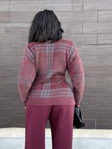 Alexandranx 蓬松针织格纹超大V领开衫，适合秋季、冬季夜晚外出、街头风，可爱性感，未裁剪，感恩节时尚 - 彩色 - 查看 2