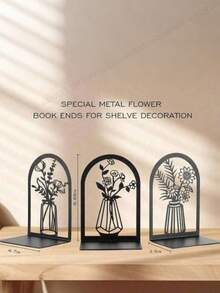 1 Pc Each Style,Floral Bookshelf Decor, Bookshelf Bookends, Desk Ends, Metal Black Bookshelf, Heavy Book Bookshelf, Bookends, Office School Book Folders Storage Desk Decor, Book Ends For Thick Books, Book Ends For Home Office(There Is Only One Piece For Each Style) - Black - View 3