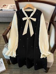 GlowEve CURVE Đầm midi dài tay phối màu dành cho nữ cỡ lớn, trang trí bằng ngọc trai và cổ áo nơ, phù hợp cho mọi mùa. - màu đen - Xem 1