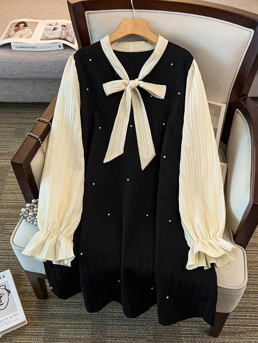 GlowEve CURVE Đầm midi dài tay phối màu dành cho nữ cỡ lớn, trang trí bằng ngọc trai và cổ áo nơ, phù hợp cho mọi mùa. - màu đen - Xem 1