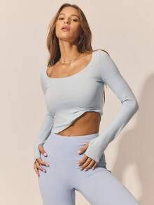 Aralina 柔软弹力针织长袖圆领修身短款春季可爱夏季上衣女装 - 淺灰色 - 查看 8