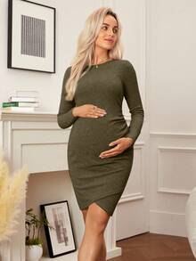 SHEIN 孕妇休闲日常通勤简约纯色罗纹褶裥修身针织连衣裙，春秋季 - 軍綠色 - 查看 3
