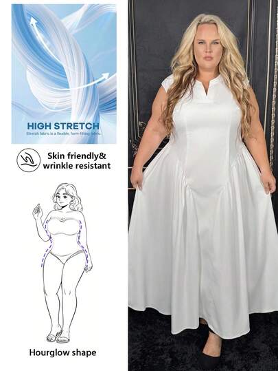 Hourglow Dollyholly86 Plus Size Elegant Flared Split Cap Sleeve Dress, Party Dress, Summer Chic Commuter Long Dress, Minimalist Palace Style, Casual/Holiday Wear,Graduation Dress, For Hourglass Body Shape