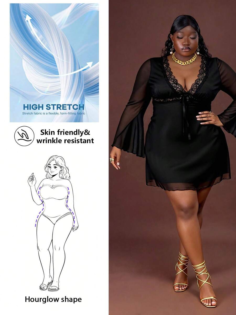 CurvyTilda Váy lưới nơ cổ chữ V màu đen cỡ lớn - màu đen - Xem 1
