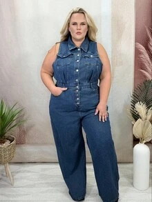 Hourglow Dollyholly86 Plus Size Casual Washed Sleeveless Wide Leg Denim Jumpsuit, For Hourglass Body Shape - Blue - View 5