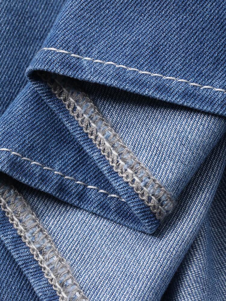 Young Girls Round Neck Casual Ruffle Hem Washed Loose Short Sleeve Denim Tops Summer