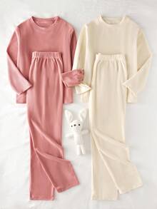 2pcs Girls' Beige & Lotus Pink Plush Checkered Basic Sleepwear Set, Long Sleeve Top & Pants, Autumn/Winter - Multicolor - View 1