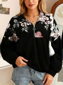 SHEIN Clasi Plus Size Women Thin Printed Patchwork Zip-Up Ribbed Cropped Sweatshirt - Multicolor - View 6