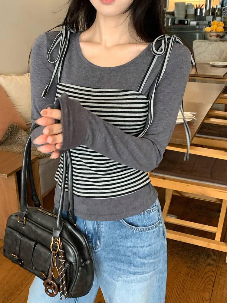 Women's Striped Tie-Up & Solid Color Long Sleeve 2 Pieces Set