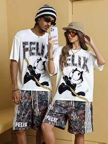 Felix The Cat X SHEIN 1 Set Men's Casual Fashion Street Cartoon Tree & Letter Print Loose Drop Shoulder T-Shirt And Drawstring Waist Contrast Striped Side Shorts Set, Summer - White - View 8