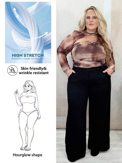 Hourglow Dollyholly86 Plus Size Women's Black Waist Asymmetric Button Straight Suit Pants Suitable For Going Out, Dating,Baggy Pants,Wide Leg Pants,Curve,Pants Suit,Elegance, For Hourglass Body Shape