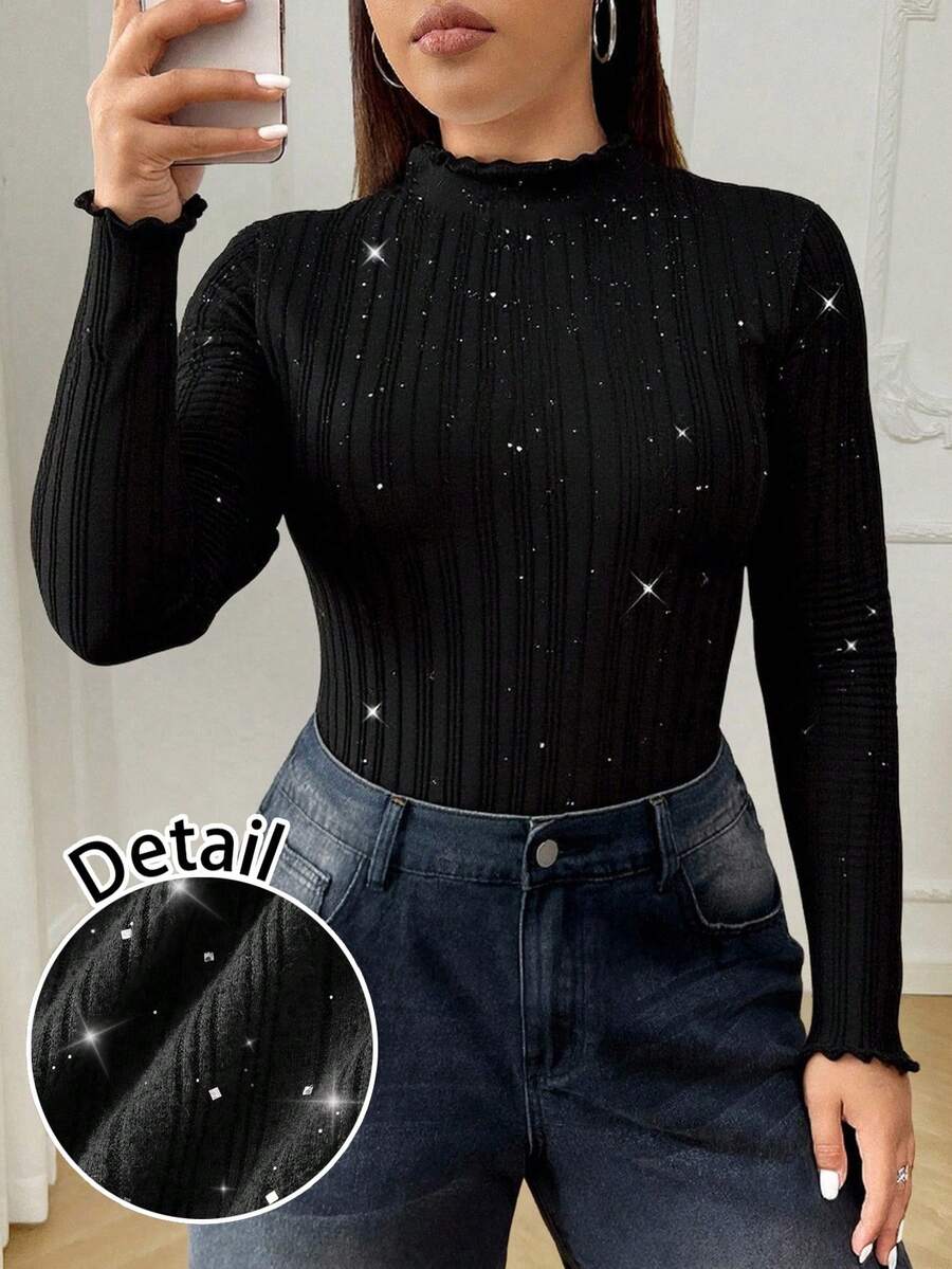 SHEIN EZwear 罗纹亮片T恤,修身显瘦,适合日常穿着和新年派对,大码T恤 - 黑色 - 查看 1
